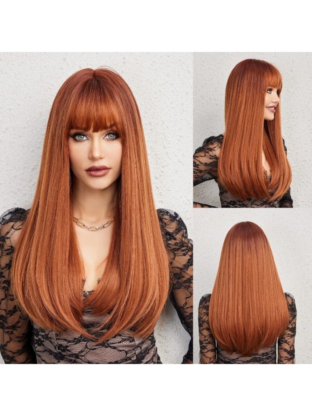 Women's Auburn Heat Resistant Long Curly Wavy Synthetic Wig with Bangs Size 26In